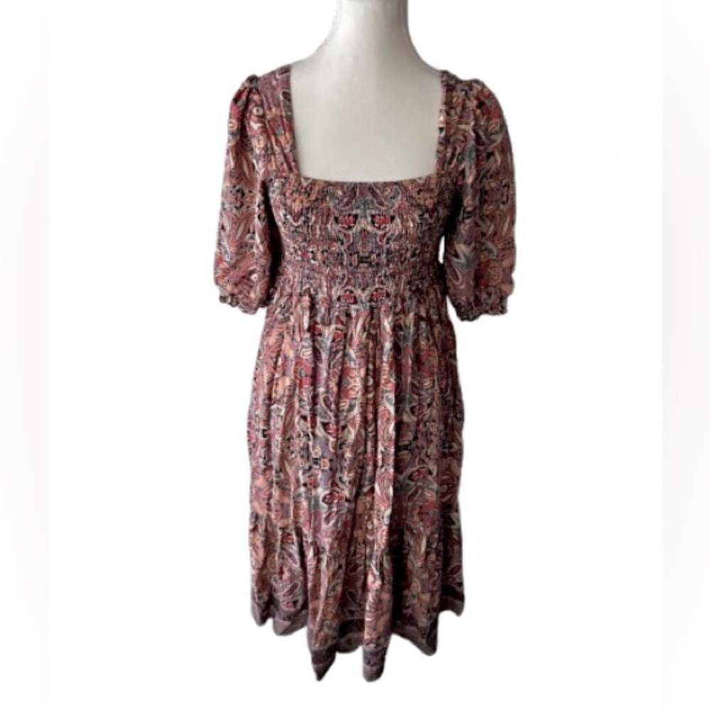 Kindred Paisley Dress Brown Orange Babydoll Puffy Sleeves Fall Autumn Designer